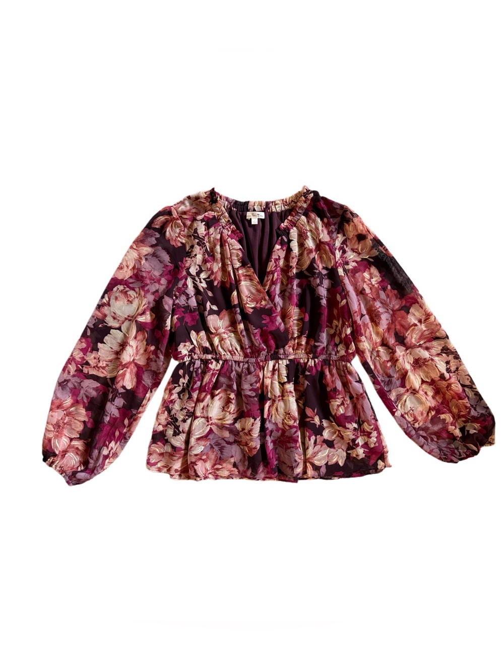 nine britton Burgundy Floral Wrap Peplum Blouse